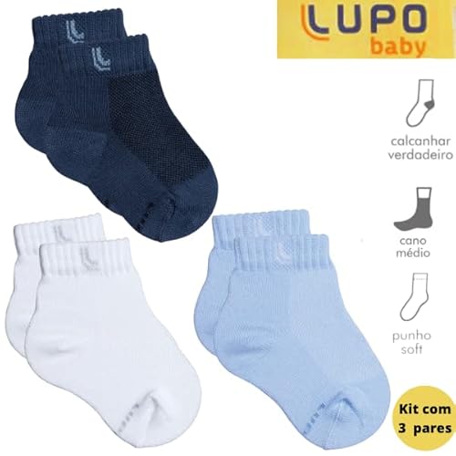 Lupo Soquete, KIT 3 Pares Bebê Meninos, Branca/Azul Marinho/Azul, 10 Paquete De