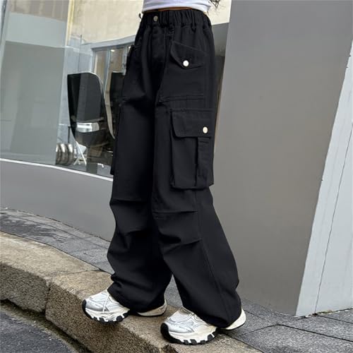 Girls Baggy Cargo Pants Straight Wide Leg Pants Teens High Elastic Waist Loose Fit Solid Color Working Trouser Clothes3