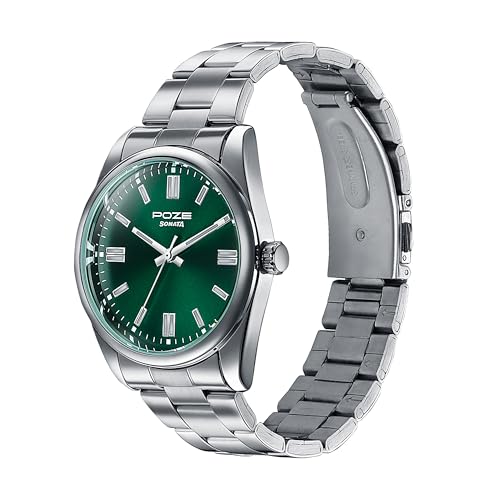 Image of Sonata Poze 6 Chrome Calling Quartz Green Round Dial Men's Watch | SS Cut Edge Strap Material | Watches for Men Analog - SP70033SM06
