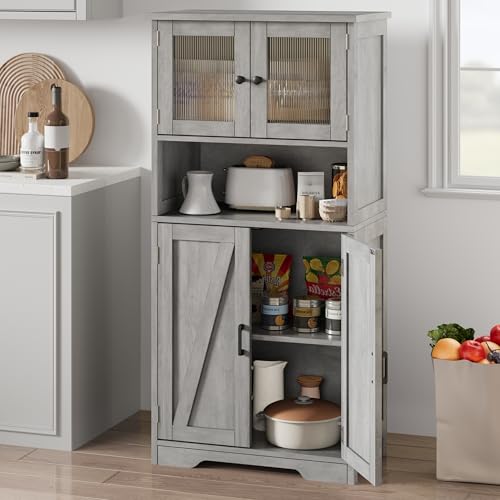 GarveeHome 54in Tall Bathroom Cabinet, Farmhouse Storage Cabinet with Glass Doors and Adjustable Shelves, Freestanding Kitchen Pantry Cabinets, Cupboard for Living Room, Dining Room, Gray
