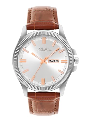 Image of French Connection Sunray Silver Round Dial with Brown Leather Strap Watch for Mens - FCN0121BRL