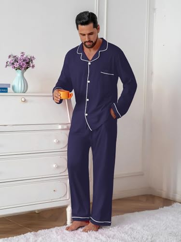 Image of QZH.DUAO Mens Pajama Set 100% Cotton Long Sleeve Button Down PJs