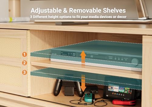 Image of Claiks Boho TV Stand for 70 Inch TV, Modern TV Console with 2 Rattan Storage Cabinets & Adjustable Shelf, Woven TV Stand for Living Room, Oak Color