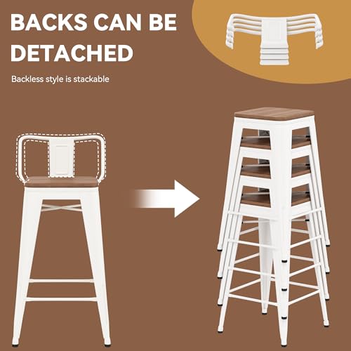 Image of Yongchuang 30 inch Bar Stools Set of 2 Kitchen Bar Height Chairs with Wood Seat Industrial Low Back Metal Barstools Cream White