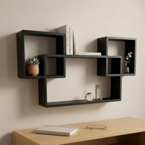 Image of Modern Geometric Floating Wall Shelf - Wall Mounted Decorative Display Shelves for Living Room, Bedroom & Office | Wooden Wall Shelf for Home Decor, Books, Plants & Showpieces (Black)
