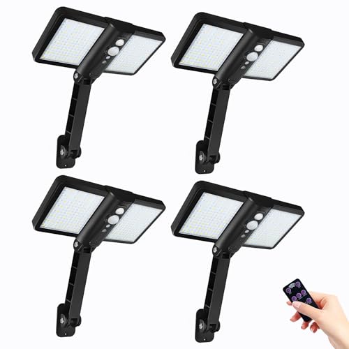 4 pack Solarleuchten für Außenbereich, 128 LED superhelle Lampe, kabelloses wasserdichtes Solarflutlicht, Sicherheitsbewegungssensor Luces Solares für Deck, Zaun, Terrasse, Haustür, Dachrinne