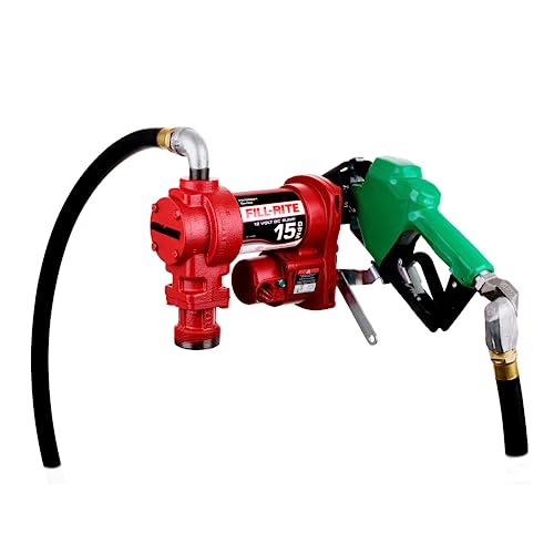 Fill-Rite FR1220HDSQ 12V 15 GPM Fuel Transfer Pump with Discharge Hose, Automatic Nozzle – Green, & Swivel | Gasoline, Diesel, Kerosene, Ethanol Blends, Methanol Blends, & Biodiesel