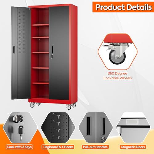 Image of 71 in Garage Storage Cabinet with Wheels, Black and Red