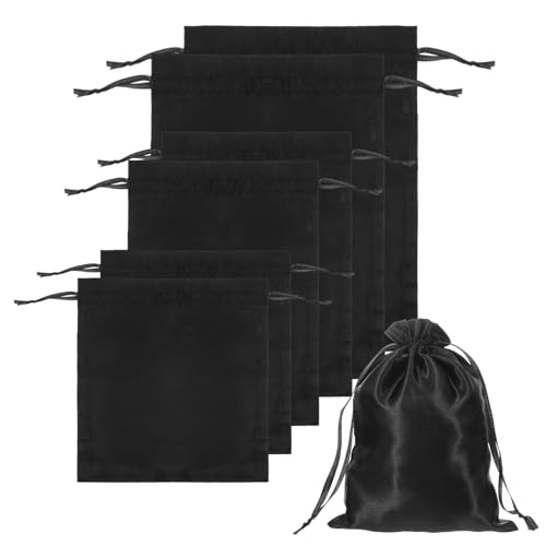 Toy Storage Bags 6 PCS Quality Satin Silk Bags with Drawstring Microfiber Toy Organizer Bag Reusable Satin Drawstring Bag 3 Sizes Foldable Ditty Gift Pouches for Women Men Toys Wigs Cosmetic Black