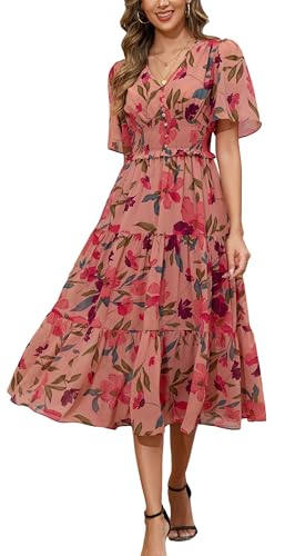 Kormei Women's V Neck Short Sleeve Boho Smocked Long Flowy Summer Dress Wedding Guest Engagement Dresses