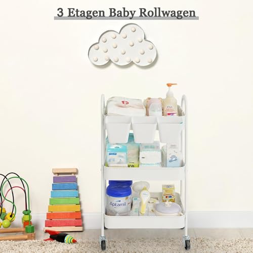 danpinera Rollwagen mit 3 Ebenen, Rollwagen Metall, feststellbaren Rädern & hängenden Bechern & Haken, Mobiler Bastelwagen für Küche, Bad, Büro, Werkstatt, Weiß