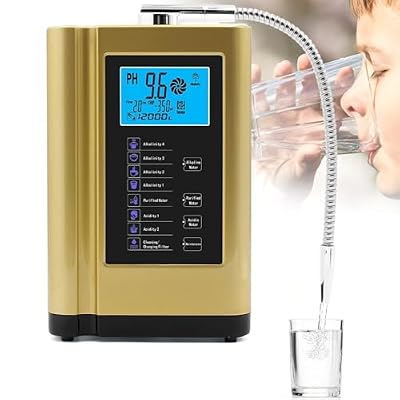 Alkaline Water Ionizer Machine with pH 3.5-10.5 and up to -500mV ORP, 8000 Liters Per Filter, Self-Cleaning Function and 5 Titanium Plates for Home Use - 7 Water Modes & LCD Touchscreen,Gold