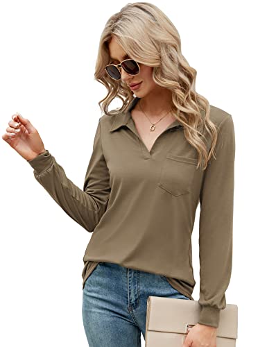 AKEWEI Womens Long Sleeve Polo Shirts V Neck Collared Blouses Loose Casual Tunic Tops with Pocket Brown L