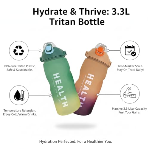 Image of 3.3 Liters Large Water Bottle With Straw & Handle, Sport Canteen Bottle With Time Marking, Leakproof Gym Water Bottle For Women & Men - Multicolor - Plastic (Green)