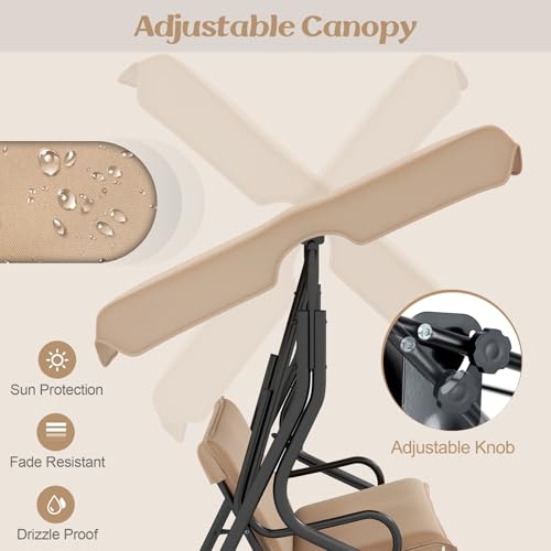 Image of Tangkula 3 Person Porch Swing, Patio Swing with Removable Cushion & Powder-Coated Steel Frame, Outdoor Swing with Canopy for Porch, Backyard, Garden, Balcony (Beige)