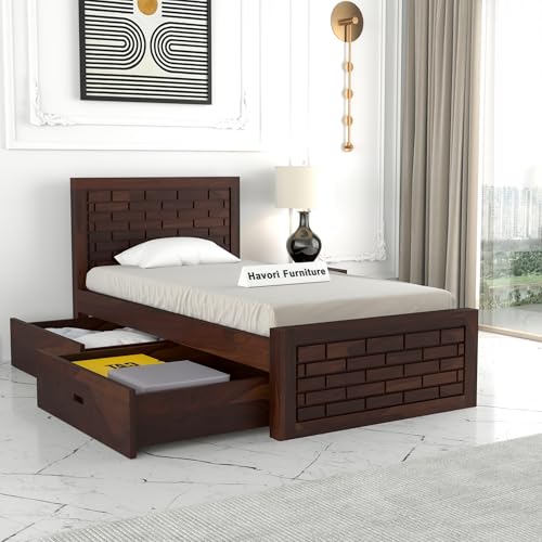 Image of Solid Sheesham Wood Single Size Bed with 2 Drawer Storage Wooden Single Cot Bed for Home Living Room Bedroom Guest Room Hotel (Walnut, Size 6 * 4)