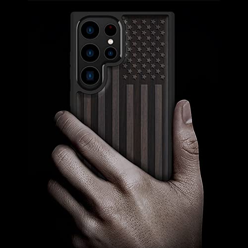 Image of Carveit Wood Case for Galaxy S23 Ultra, (The Classic American Flag-Black) | Samsung Galaxy S23 Ultra Cover, Unique Wooden Design, Engraved Wood with TPU Shockproof Bumper, Wireless Charging Compatible