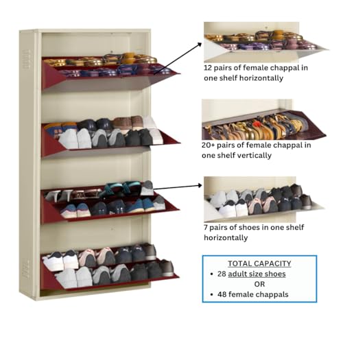Image of DELITE KOM 29 inch Wide, 8 Shelf Metal Shoe Rack Wall Mounted for Home with Central Lock Holds Upto 28 Shoes or 48 Slippers Pair | Double Decker, 1Yr Warranty, (54x29x8, Ivory Brick Red),DIY, Space Saver