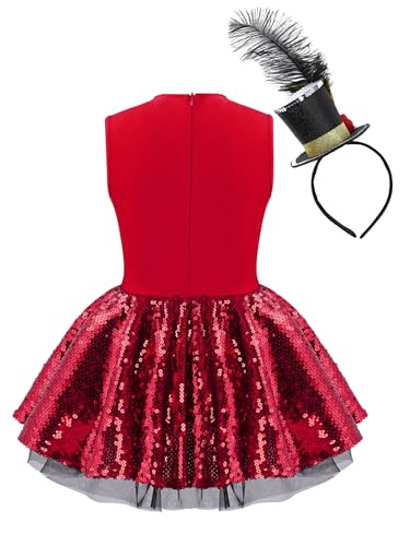 2Pcs Girls Circus Ringmaster Outfit Sleeveless Sequins Tutu Dress with Headwear for Performance2