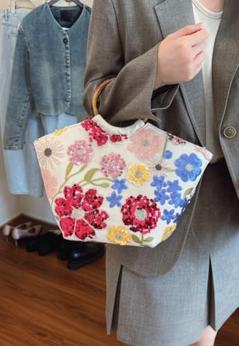 Bolso Tote bordado con lentejuelas y asa de bambú miniatura 3
