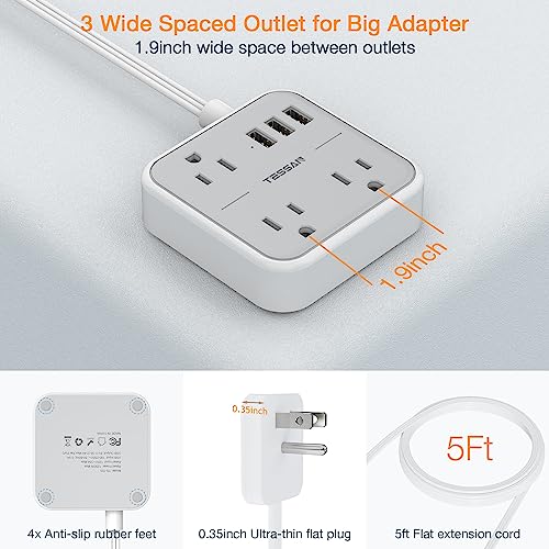 Ultra Thin Flat Extension Cord, Tessan Flat Plug Power Strip With 3 Usb Ports 5 Ft, Low Profile Flat Head Wall Plug Outlet Concealer With 3 Outlets For Cruise Ship, Office, School, Travel, Dorm Room #TOP4