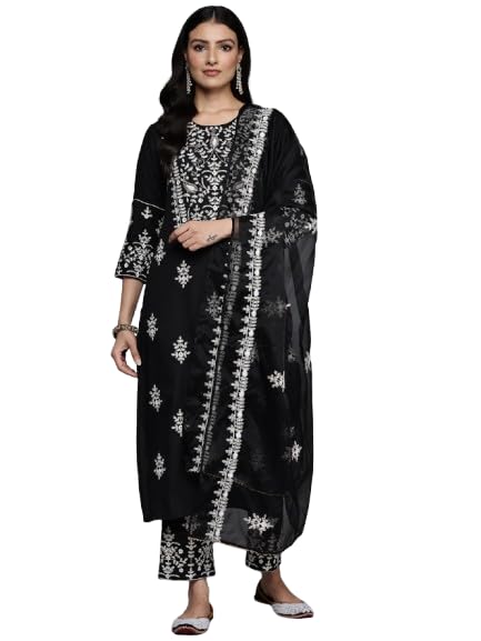 Kurta noir femme avec pantalon et voile léger taille M traditionnel