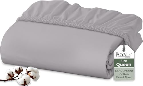 Image of Royale Linens 100% Organic Cotton Fitted Sheet - Percale Weave - Super Soft Deep Pocket Bottom Sheets - Elastic Sheet Queen Size - Queen Fitted Sheets Only - (60 inchx80 inch+15 inch, Silver)