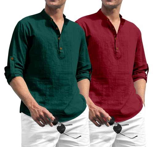 Image of Zombom Combo of Men's Solid Cotton Polyester Blend Full Sleeve Straight Kurta Shirt (Pack of 2)