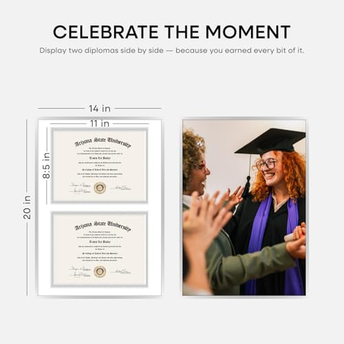 Image of Homeforia 14x20 Double Diploma Frame Silver, High End Metal 14 x 20 Certificate Frames with Mat for Two 8.5x11 inch Diplomas, 20by14 Dual Award Degree Matted Frames, Tempered Glass, Wall Kit, Set of 1