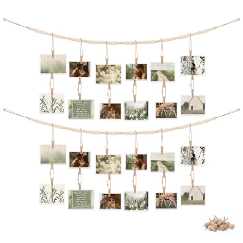 2 Pack Hanging Photo Display with Clips Boho Wooden Bead Wall Decor