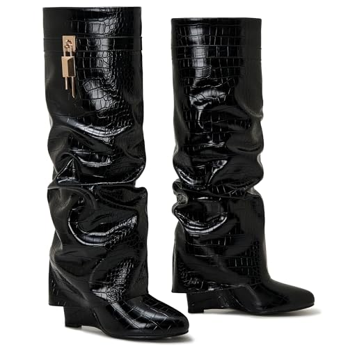 Image of Fold Over Boots for Women Pointy Pull-on Wedge Heel Knee Shark Boot With Side Zipper Padlock Design
