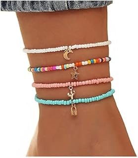 اساور كاحل متعددة الطبقات مصنوعة يدويا من خرز بوهو للنساء سيلاجيت خلخال ملون بدلاية على شكل قمر ونجوم مطرز بخرز مجوهرات قدم مرنة للصيف والشاطئ 4 قطع