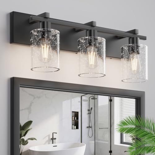 Image of Bathroom Vanity Light,3 Light Matte Black Light Fixture with Thickened Seeded Glass Shade, 21 inch Modern Wall Sconce,Vanity Light Over Mirror for Bathroom