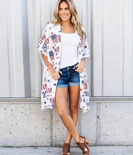 Image of Women's American Flag Kimono Cardigan 4th of July Cover Up Lightweight Patriotic Kimono Cover Up