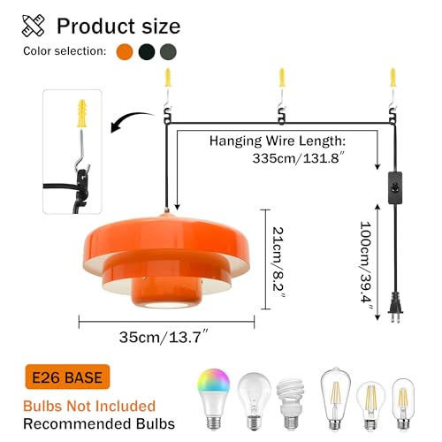 DoungRos Plug in Pendant Light Mid Century Hanging Lamp with Plug in Cord Orange Pendant Lighting Fixtures Nordic Style Metal Shade On/Off Switch Hanging Light for Living Room Dining Bedroom Kitchen by DoungRos - Image 5