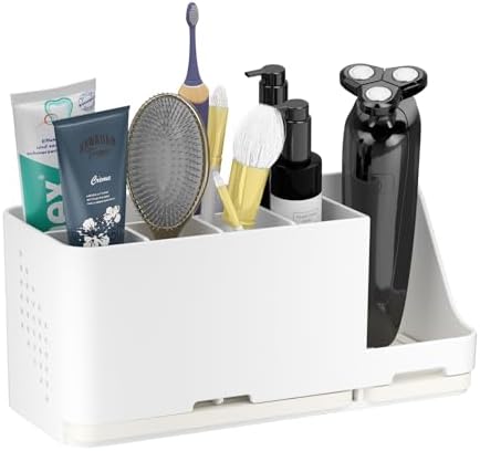 JUMEIHUI Bathroom Countertop Organizer with Water Absorbent Diatomite,8 Slots Bathroom Toothbrush Holder with Adjustable Dividers,Bathroom Sink Organizer Countertop (White)