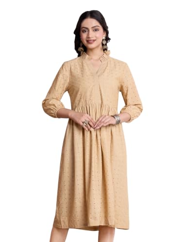 Image of Amazon Brand - Myx Women's Schiffli Embroidery Ethnic Dress | Fit and Flare | Knee Length (Available in Plus Sizes)
