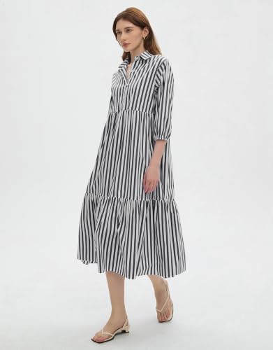 Image of EZAPINE Womens Babydoll Striped Shirt Midi Dress Puff Long Sleeve Collared Button Tunic Flowy Swing Dresses
