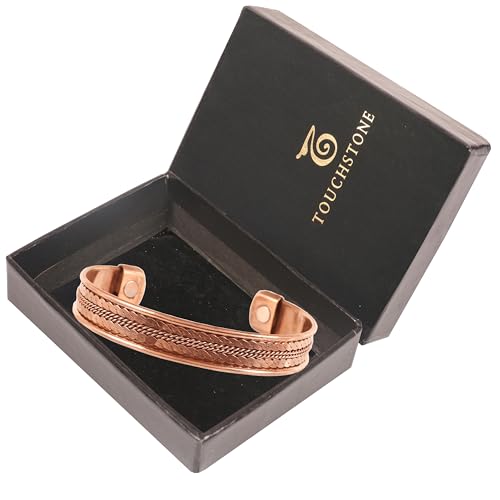 Image of Touchstone Copper magnetic bracelet Tibetan style. Hand forged with solid and high gauge pure copper. Delicate brass inlay.
