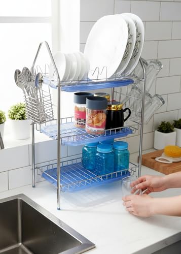 Image of AMOL Stainless Steel Kitchen Dish Rack | Rust-Resistant Utensil Stand with Glass & Spoon Holder | Wall Mountable Modular Kitchen Organizer (Made in India) (Height- 25 Inces)