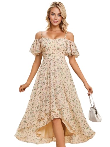 Image of Ever-Pretty Women's Summer Cold Shoulder Hi-Lo Asymmetrical Hem Flowy Chiffon Short Wedding Guest Dress 02103