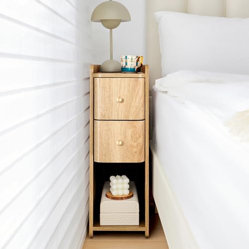 Image of Narrow Nightstand Set of 2, Wooden Small 2 Drawer Nightstand, Slim Side End Table, Skinny Bedside Table, Mid Century Modern Night Stand with Drawers for Bedroom (Natural-2 pcs)