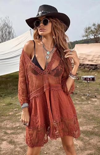 Image of Eomenie Women's Contrast Lace Bathing Suit Cover Up V-Neck Swimsuit Coverups Loose Swimwear Beach Dress Beachwear