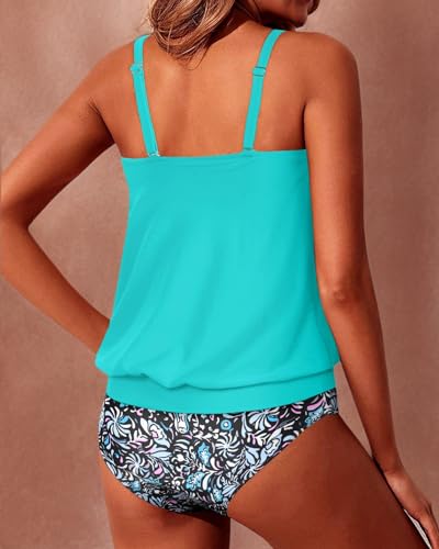 Image of Yonique Women Vintage Chevron 2 Piece Ruched Padded Tankini Set Flyaway Top With Triangle Brief Bottom Bathing Suit