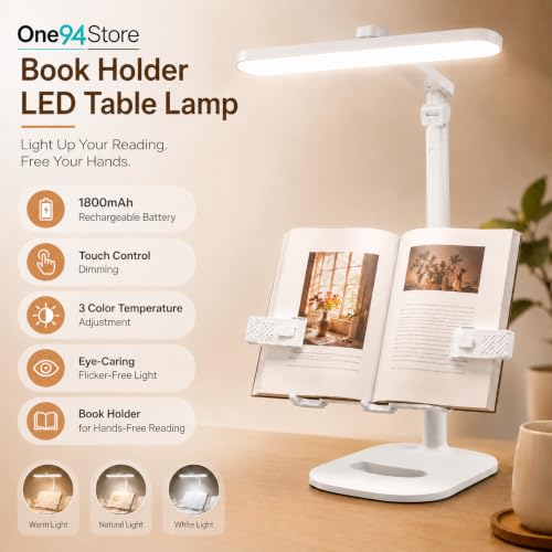 Image of One94Store Book Holder LED Table Lamp with 1800mAh Battery, Touch Control Brightness & Color Temperature Adjustment, Portable Study Lamp with 80cm USB Cable for Home, Office, Bedroom & Study Desk