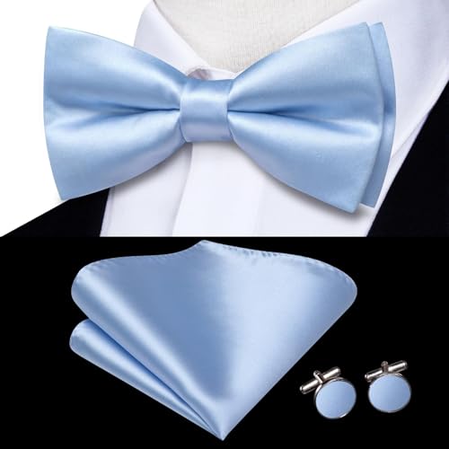 Image of Hi-Tie 5Pcs Mens Solid Color Silk Tie Satin Pretied Bowtie Lapel Pin for Men Handkerchief Cufflink Wedding Gift Box