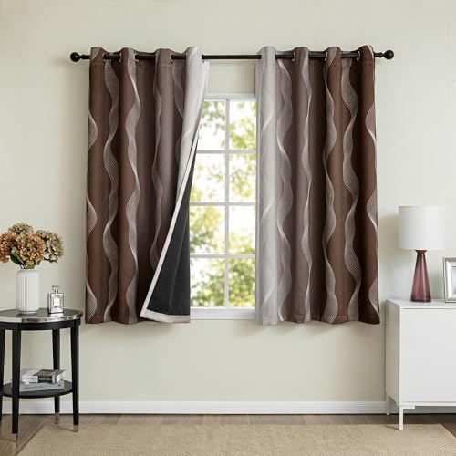 Image of MYSKY HOME Brown and Greyish White 95% Blackout Ombre Curtains 72 inch Length 2 Panels Black Out Thermal Insulated Wave Line Foil Print Design Gradient Drapes for Bedroom Study, Wide 52 inch Each Panel