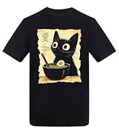 Adorable black cat with big eyes enjoying bowl of ramen with egg and chopsticks in Japanese art style featuring kanji character for love that combines kawaii aesthetic with Asian food culture for fans of cute animals and noodle lovers who appreciate ...