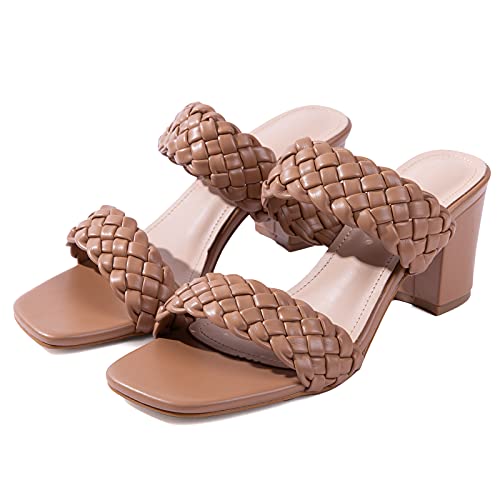 N.n.g Women Heel Sandals Chunky Heels Woven Braided Nude Strappy Thong Block Square Leather Comfortable Sandals 8 #TOP4