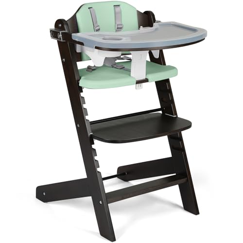 Image of Cowiewie Natural BrownishWooden High Chair for Babies & Toddlers 3-Tier Remove Adjustable Tray and Highchair with Cushions, Easy to Clean, Portable(Green)